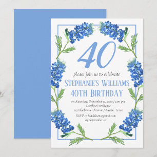 Bluebonnets 40th Birthday Blue Floral Texas Invitation