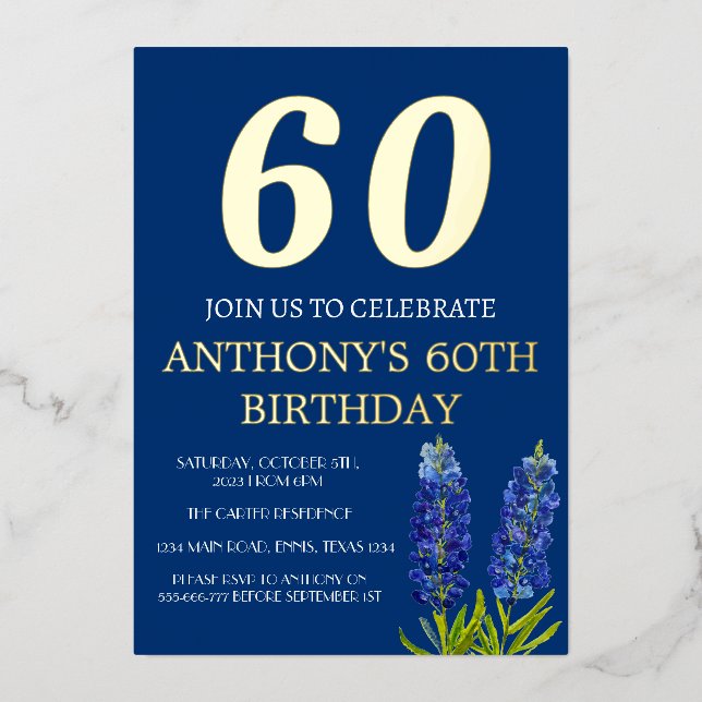 Bluebonnets 60th Birthday Blue Gold Foil QR Code (Front)