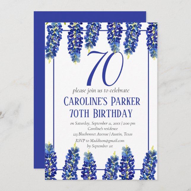 Bluebonnets 70th Birthday Blue Floral Texas Invitation (Front/Back)