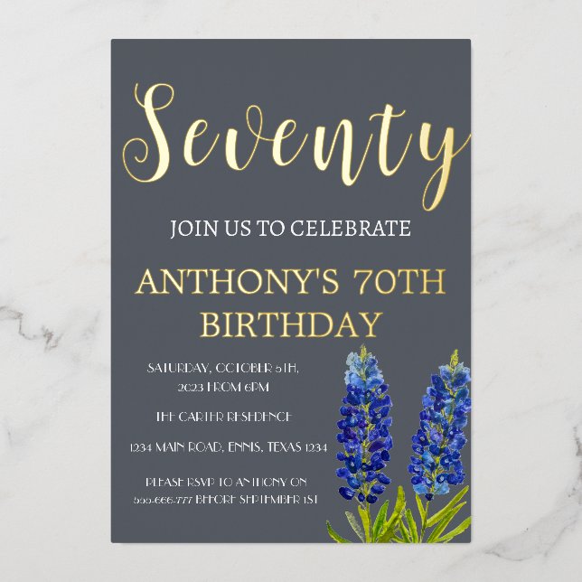 Bluebonnets 70th Birthday Navy Blue Gold Texas (Front)