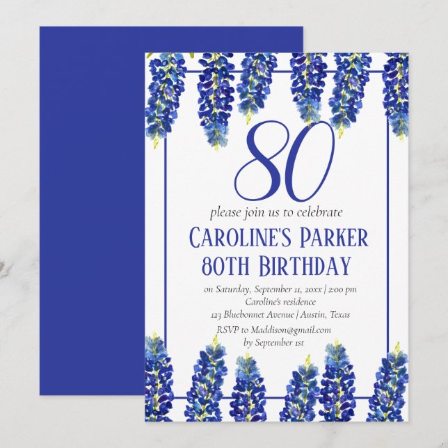 Bluebonnets 80th Birthday Blue Floral Texas Invitation (Front/Back)