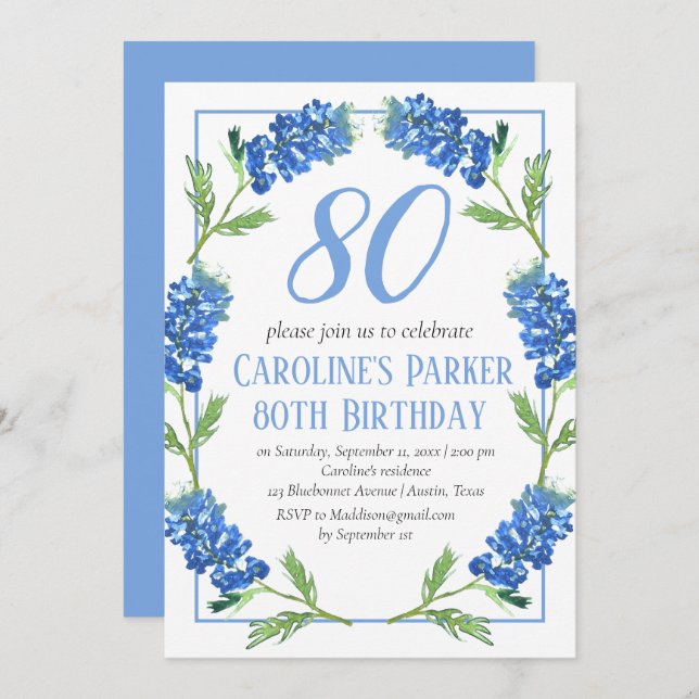 Bluebonnets 80th Birthday Blue Floral Texas Invitation (Front/Back)