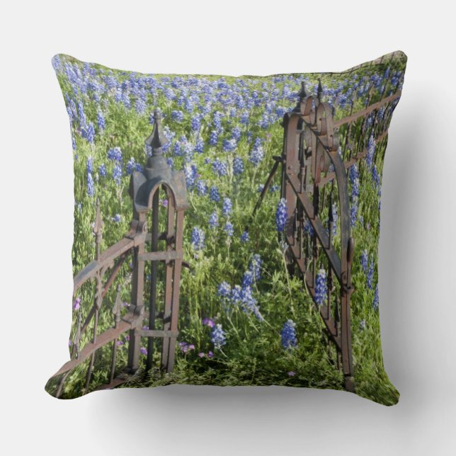 Bluebonnets and phlox surrounding cemetery gate cushion (Front)