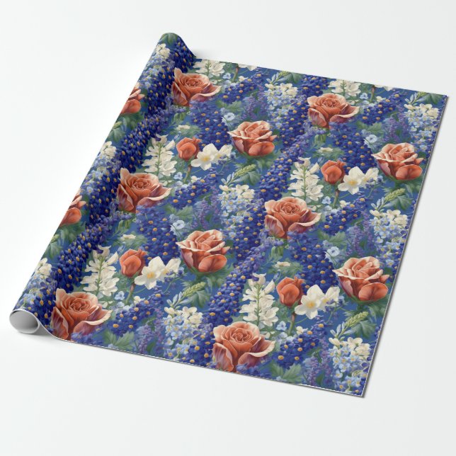 Bluebonnets and Red Roses Pattern Wrapping Paper (Unrolled)