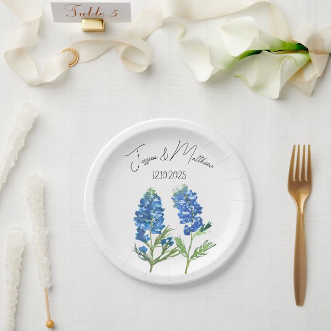 Bluebonnets Blue floral Boho Watercolor Weddings Paper Plate (Wedding)