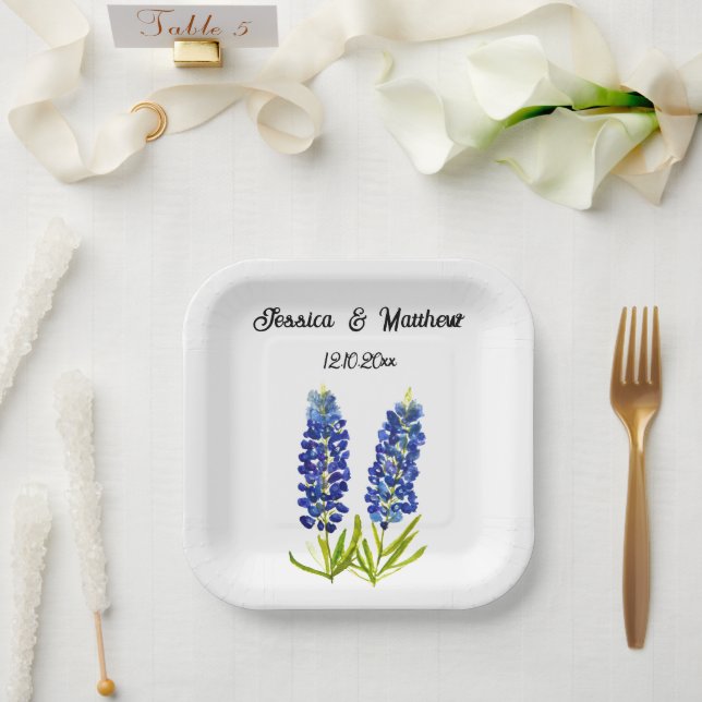Bluebonnets Blue floral Boho Watercolor Weddings Paper Plate (Wedding)