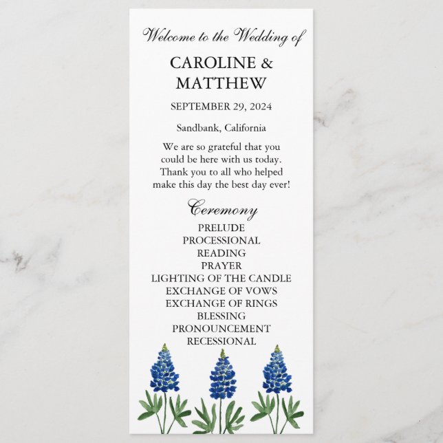 Bluebonnets Blue Floral Elegant Modern Wedding  Program (Front)