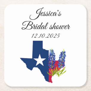 Bluebonnets Blue floral Watercolor Bridal shower Square Paper Coaster