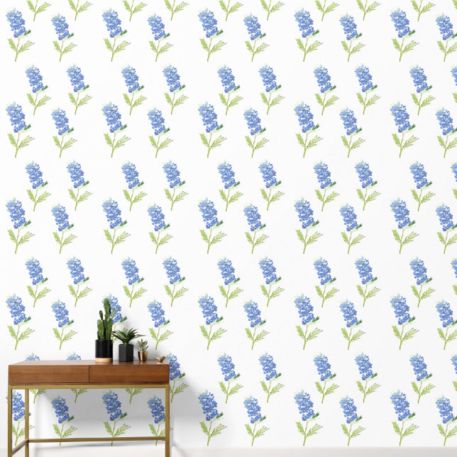 Bluebonnets Blue Floral Watercolor Pattern  Wallpaper (Hallway)