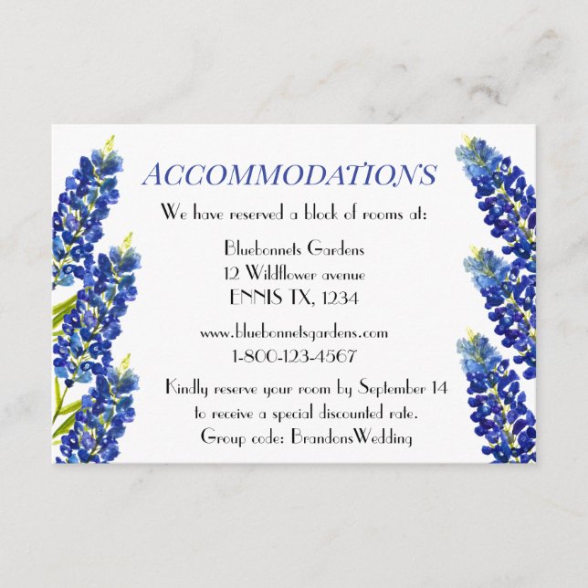Bluebonnets Blue Floral Wedding Accommodations Enclosure Card (Front)