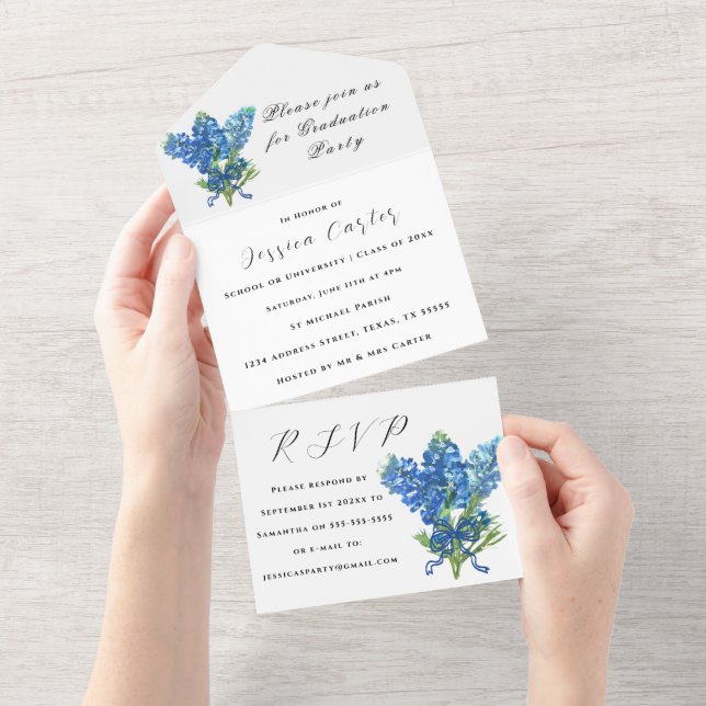 Bluebonnets Blue Wildflower Floral Lupin All In One Invitation (Tearaway)