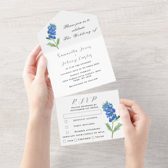 Bluebonnets Blue Wildflower Floral Lupin Wedding All In One Invitation (Tearaway)