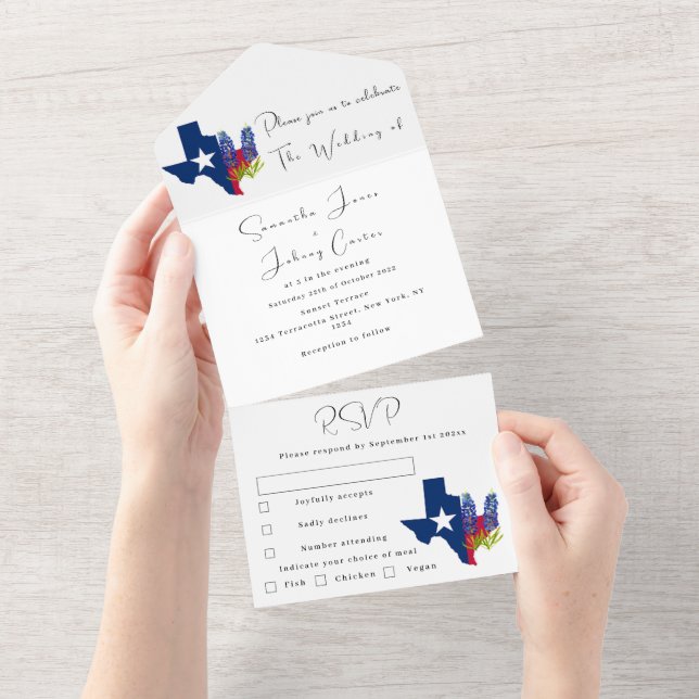 Bluebonnets Blue Wildflower Floral Texas Wedding All In One Invitation (Tearaway)