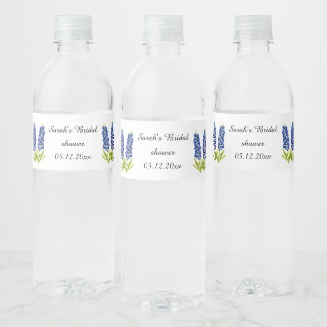 Bluebonnets Bridal Shower Blue Floral Wedding Water Bottle Label (Bottles)