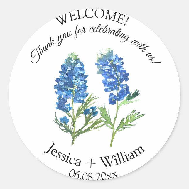 Bluebonnets Bride and Groom Rustic Modern Wedding Classic Round Sticker (Front)