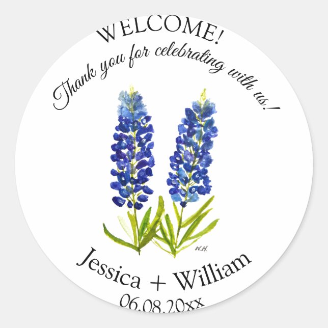 Bluebonnets Bride and Groom Rustic Modern Wedding Classic Round Sticker (Front)