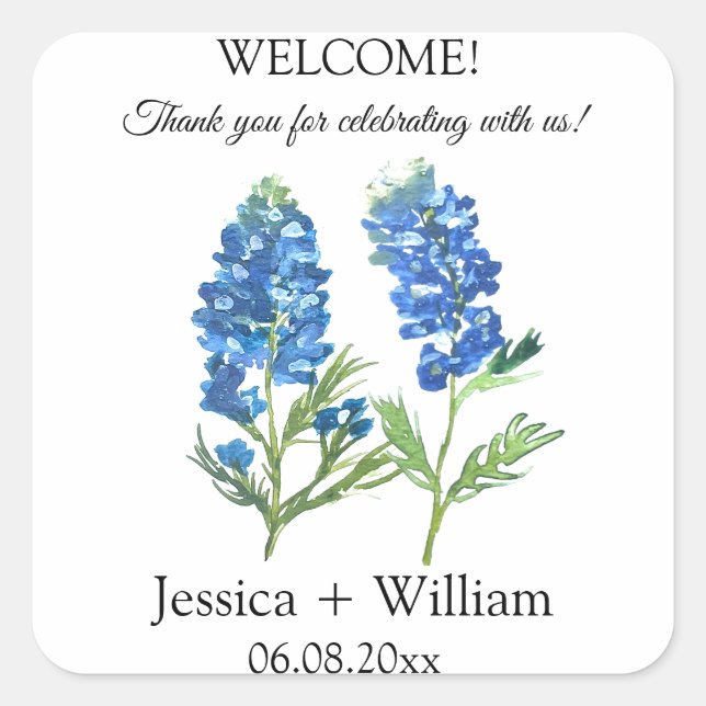 Bluebonnets Bride and Groom Rustic Modern Wedding Square Sticker (Front)