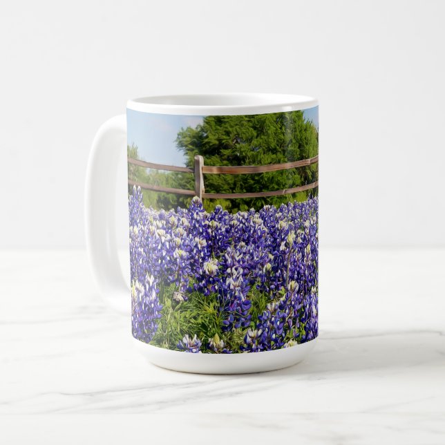 Bluebonnets By a Texas Country Fence Mug Cup (Front Left)