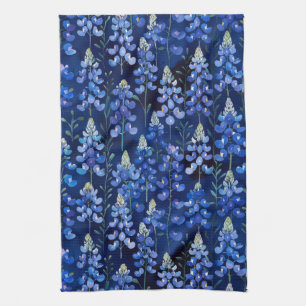 Bluebonnets - Dark Blue Texas Flowers Tea Towel