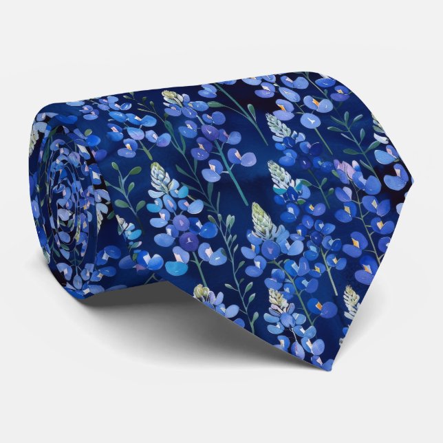 Bluebonnets - Dark Blue Texas Flowers Tie (Rolled)