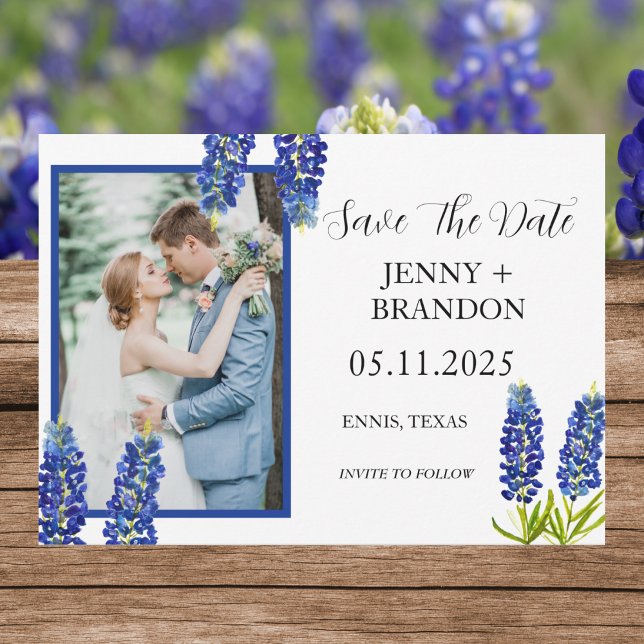 Bluebonnets Elegant Modern Blue Floral Photo  Save The Date (Creator Uploaded)