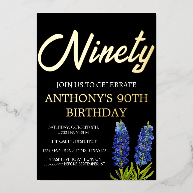 Bluebonnets Floral 90th Birthday Black Gold Texas (Front)