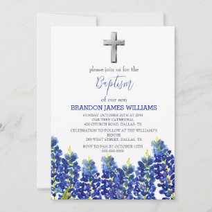 Bluebonnets Floral Dusty Blue Cross Baptism Invitation