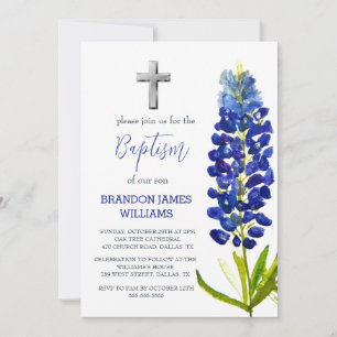 Bluebonnets Floral Dusty Blue Cross Baptism Invitation