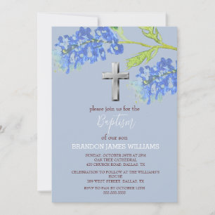 Bluebonnets Floral Dusty Blue Cross Baptism Invitation