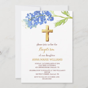 Bluebonnets Floral Gold Wildflower Cross Baptism  Invitation