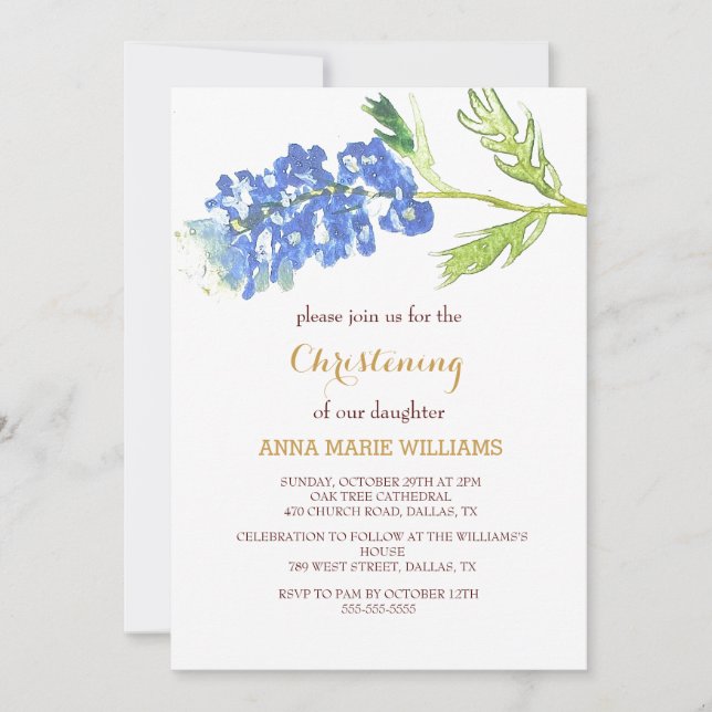 Bluebonnets Floral Gold Wildflower Cross Baptism  Invitation (Front)