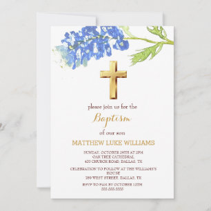 Bluebonnets Floral Gold Wildflower Cross Baptism  Invitation