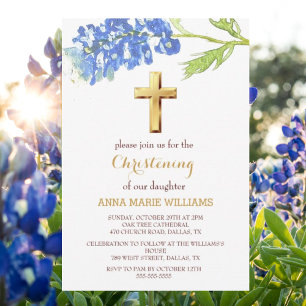 Bluebonnets Floral Gold Wildflower Cross Baptism Invitation