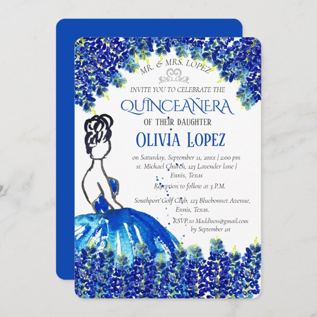 Bluebonnets Quinceañera Blue Floral Birthday  Invitation (Front/Back)