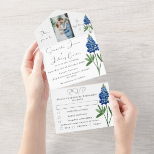 Bluebonnets Texas Blue Floral Photo Wedding All In One Invitation