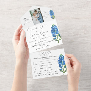 Bluebonnets Texas Blue Floral Photo Wedding All In One Invitation