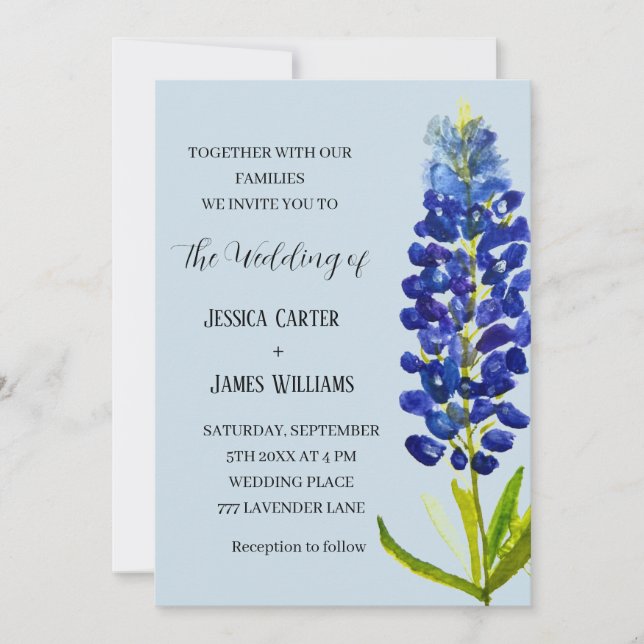 Bluebonnets Texas Blue Watercolor Floral Wedding Invitation (Front)