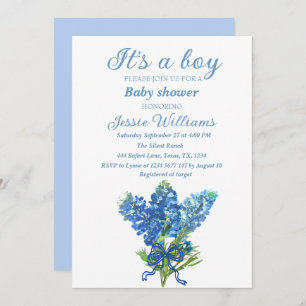 Bluebonnets Texas Floral Blue Bow Baby boy shower  Invitation
