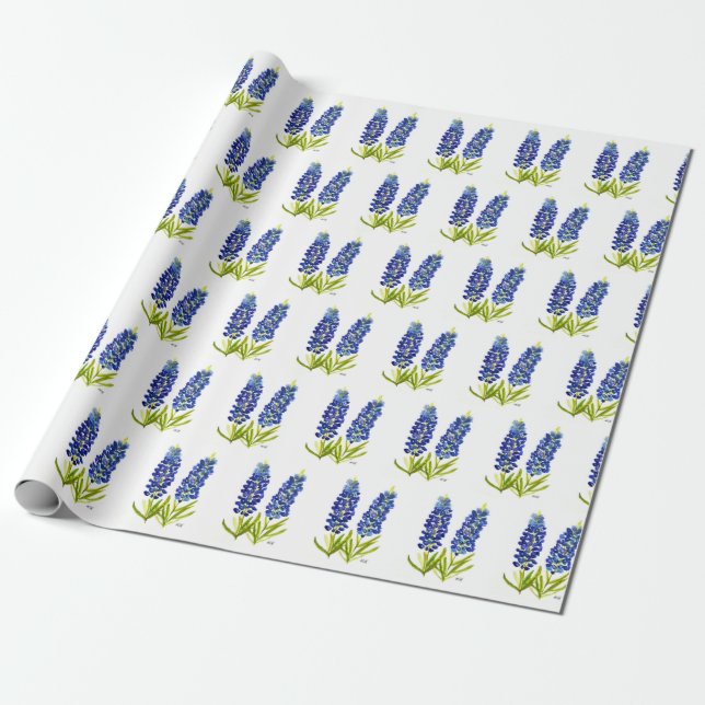Bluebonnets Texas Flowers Wildflowers Watercolor Wrapping Paper (Unrolled)