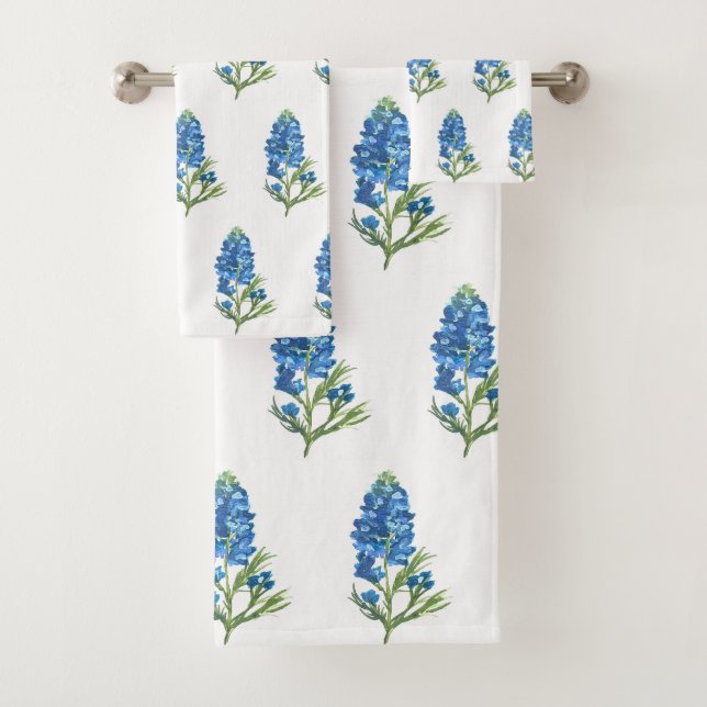 Bluebonnets Texas State Blue Flowers Watercolor Bath Towel Set (Insitu)