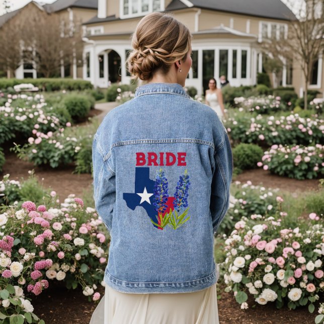 Bluebonnets Texas State Floral Wedding Bride Denim Jacket (Wedding Back)