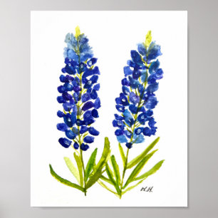 Bluebonnets Texas State Flowers Lupine Watercolor Poster