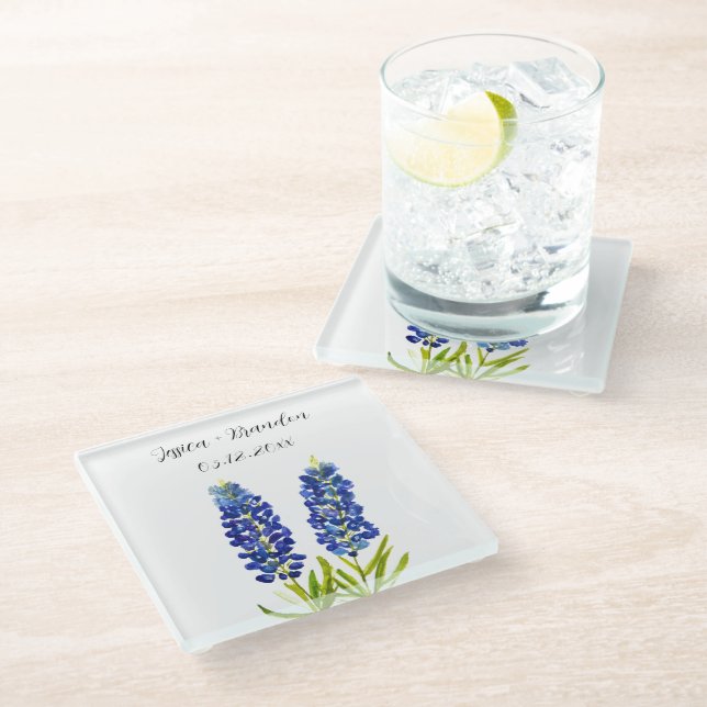 Bluebonnets Watercolor Blue Flower Floral Wedding Glass Coaster (Angled)