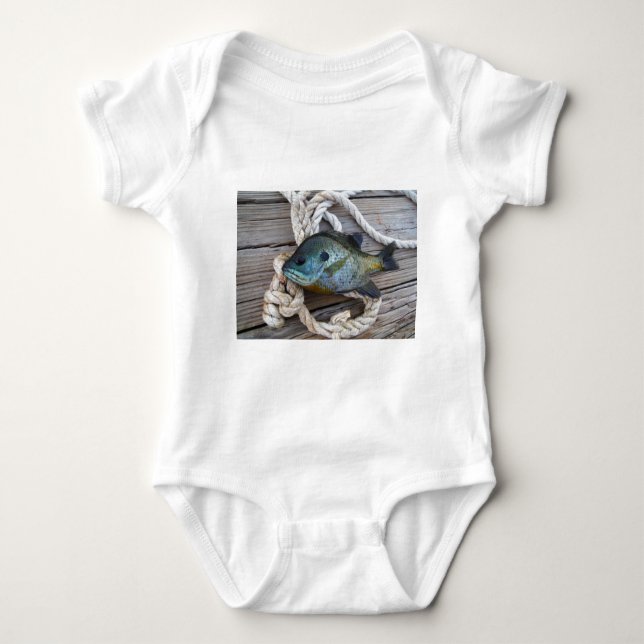 Bluegill fish on dock and rope baby bodysuit (Front)