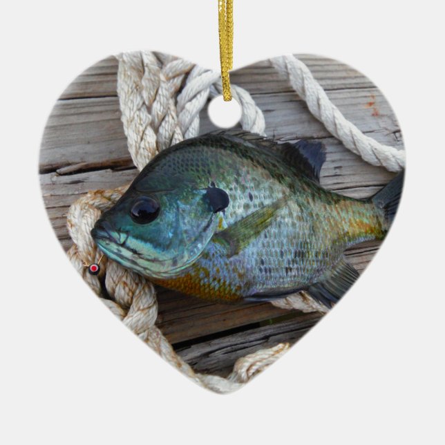 Bluegill fish on dock and rope ceramic ornament (Front)