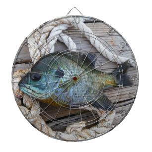 Bluegill fish on dock and rope dartboard