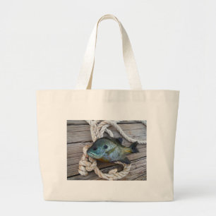 Bluegill fish on dock and rope large tote bag