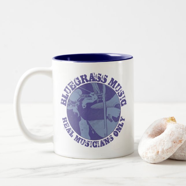 Bluegrass Music Real Musicians Only Blue Players Two-Tone Coffee Mug (With Donut)