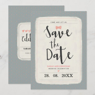 Bluegrey with pink polkadots wedding save the date