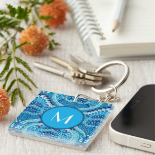 Blueish - Feathered Paisley Key Ring